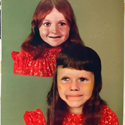 Prompt: creepy 70s style school portrait, googly eyes, teeth, dusty photo from the 70s