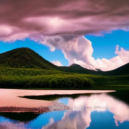 Prompt: beautiful land with trilled hills, cumulonimbus clouds, and a pristine lake, a rose ebony color scheme, old rose color scheme, tumbleweed color scheme, light salmon color scheme, macaroni and cheese color scheme