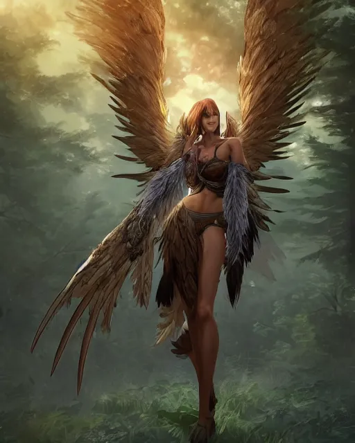 Image similar to a female anthropomorphic eagle warrior. She has two wings on her back. Her skin is covered in feathers. Forest, clearing. Full shot, wings are focus. Atmospheric lighting, By Makoto Shinkai, Stanley Artgerm Lau, WLOP, Rossdraws, James Jean, Andrei Riabovitchev, Marc Simonetti, krenz cushart, Sakimichan, D&D trending on ArtStation, digital art.