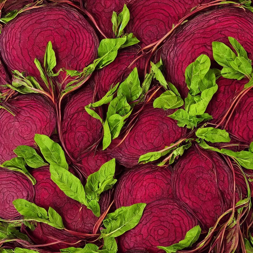 Prompt: large spiral of giant cut beetroots, with embroidered leaves and fractal roots, over vivid dark wood table, food photography. super detailed. masterpiece