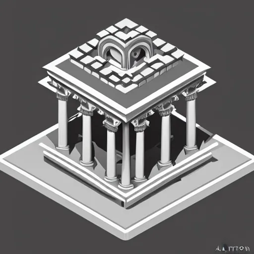 Prompt: Isometric Greek Temple the graphic style of Matt Sanz, hyper detailed, trending on artstation, glow