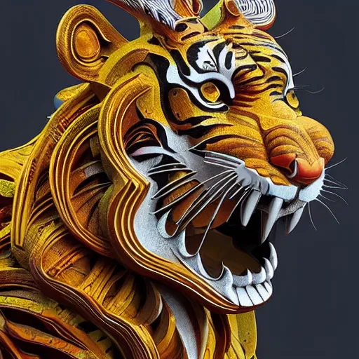 Image similar to coloured sculpture breathtakingly cool beautiful stylised balinese ornate biomechanical tiger, isometric perspective, 8 k artstation