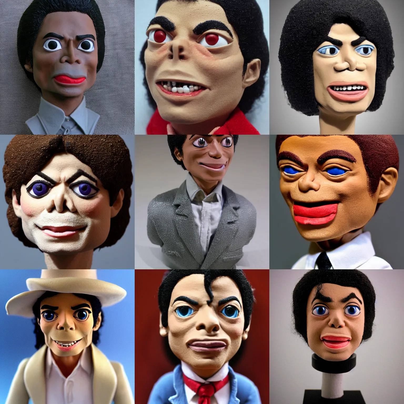 Prompt: michael jackson!!! clay! close detailed macro sculpted headshot of michael jackson , style: claymation puppet kids clay , by guldies
