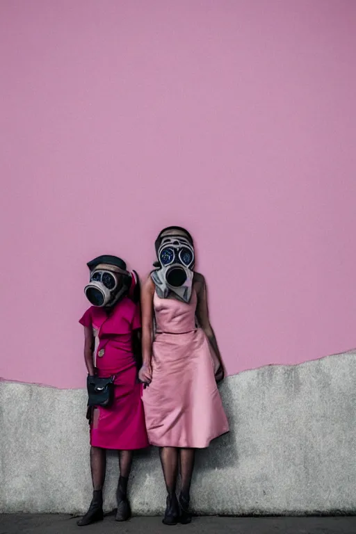 Image similar to a surreal portrait of intertwined and contorted figures wearing gas mask next to a pink wall in the style of brooke didonato, editorial fashion photography from vogue magazine, full shot, nikon d 8 1 0, ƒ / 2. 5, focal length : 8 5. 0 mm, exposure time : 1 / 8 0 0, iso : 2 0 0