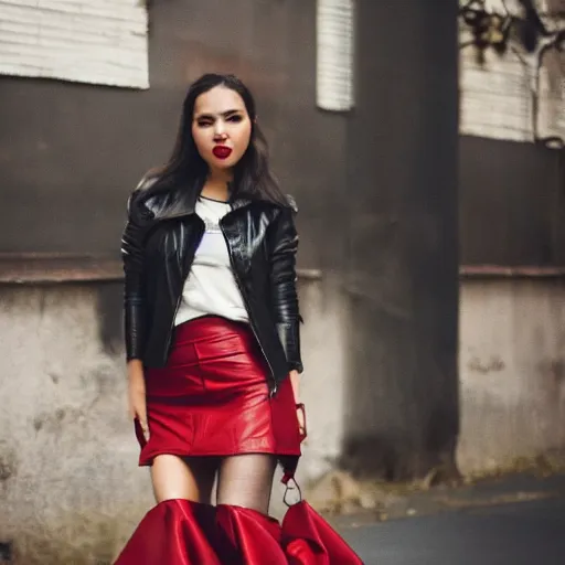 Prompt: A girl in a leather jacket and a red skirt posing for the camera, Instagram photo, are bure boke, aesthetic