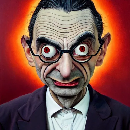 Prompt: mr. bean mad scientist psychopath, caricature, portrait by gaston bussierre and charles vess and james jean and erik jones and rhads, inspired by rick and morty, epic, funny, huge scale, beautiful fine face features, intricate high details, sharp, ultradetailed