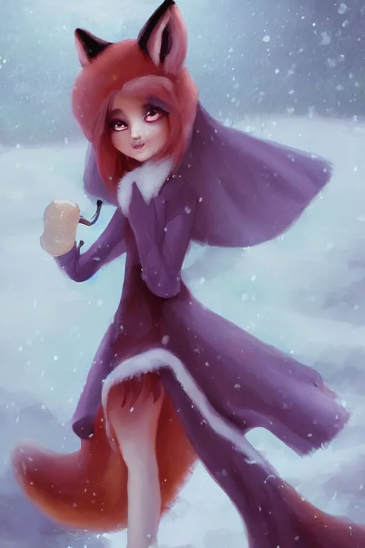 Prompt: a fox princess holding an umbrella, snow, backlighting, trending on artstation, digital art, furry art, trending on furaffinity, fantasy art