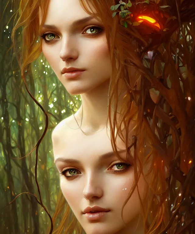 Image similar to Forest nymph woman portrait, amber eyes, face, long hair, fantasy, intricate, elegant, highly detailed, digital painting, artstation, concept art, smooth, sharp focus, illustration, art by artgerm and greg rutkowski and alphonse mucha