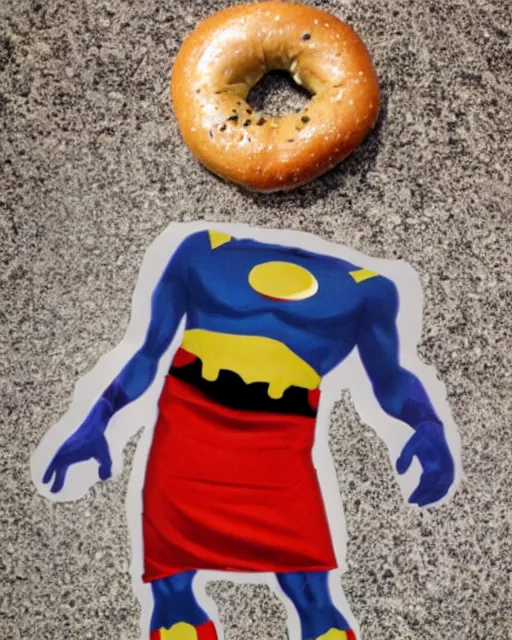 Prompt: bagel - man, the half - man half - bagel superhero