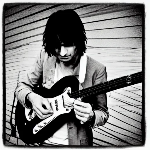 Image similar to Jonny Greenwood playing a guitar in a black and white photo, a black and white photo by David Gilmour Blythe, featured on tumblr, toyism, groovy, psychedelic, ilya kuvshinov