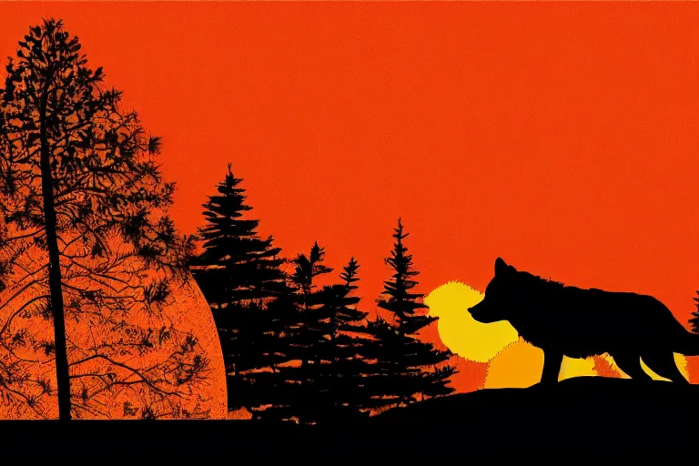 Image similar to far away wolf on the mountain silhouette, extremely detailed digital art, sunset, orange gradient, 8k