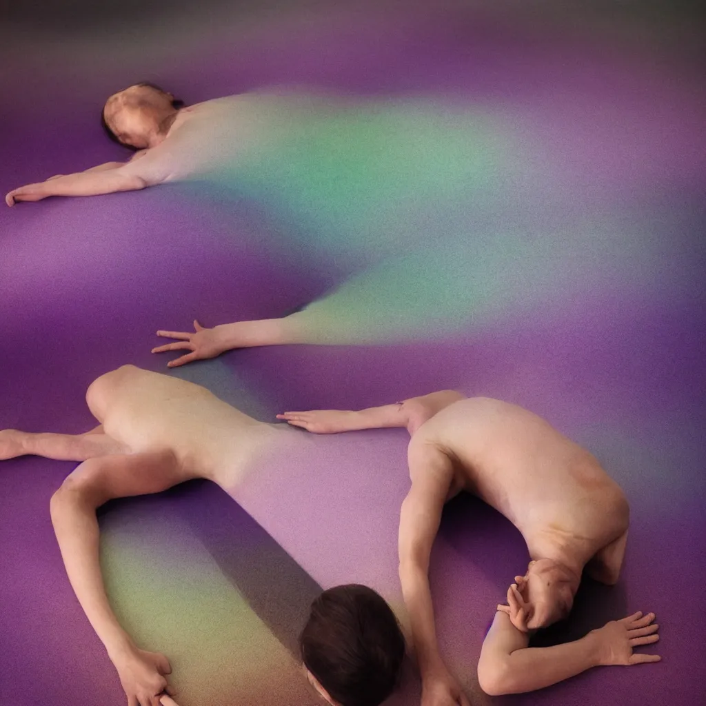 Image similar to cinestill of iridiscent oil with corpses connected by ethernet cables to wax technical forms to a buried baby relaxing on yoga mat, faded, iridiscent gradient, purple fog, depth of field, blur, very detailed, by nadav kander and hans bellmer, 8 k, ultrarealistic, sad atmosphere, cinematic, 8 5 mm lens