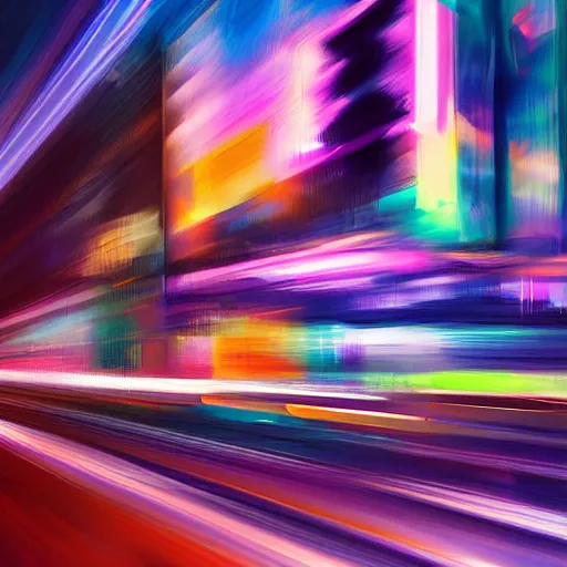 Image similar to abstract oil painting of a long exposure of a busy neon street