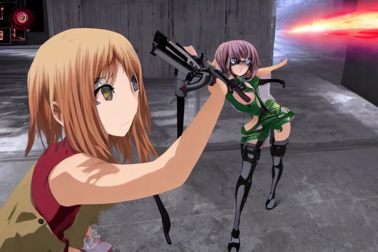 Image similar to an anime girl in a screenshot of the video game doom, the anime girl is crouching