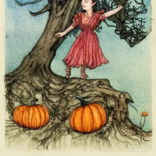 Image similar to a detailed, intricate watercolor and ink illustration with fine lines, of a young girl in a dress climbing a gnarled tree in a pumpkin patch, by arthur rackham and edmund dulac