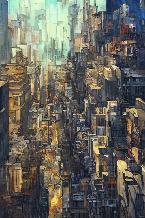 Image similar to a painting of a city with lots of buildings, a cubist painting by Jon Foster, trending on Artstation, deconstructivism, glitch art, greeble, cubism