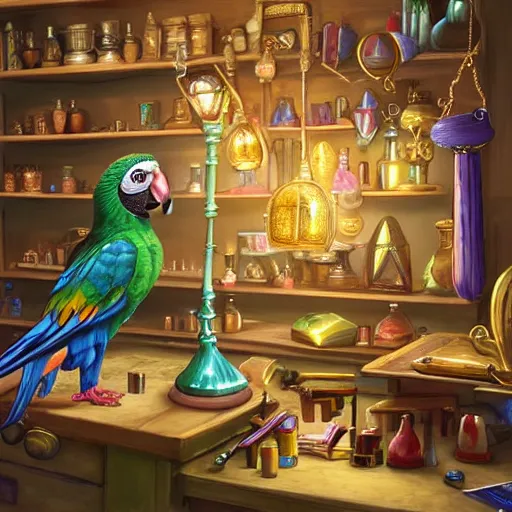 Image similar to Anthropomorphized parrot trader in his shop, shelves full, shining warm lamp, shelves full, selling a gem, portrait, items, magic potions, carpet, window, fancy funny hat, sly expression , cunning expression, cute expression, presenting magic gem, D&D, fantasy, cinematic lighting, highly detailed, digital painting, artstation, concept art, smooth, sharp focus, illustration, warm light, cozy warm tint, magic the gathering artwork, volumetric lighting, 8k, no gold, no gold colours, art by Akihiko Yoshida, Greg Rutkowski