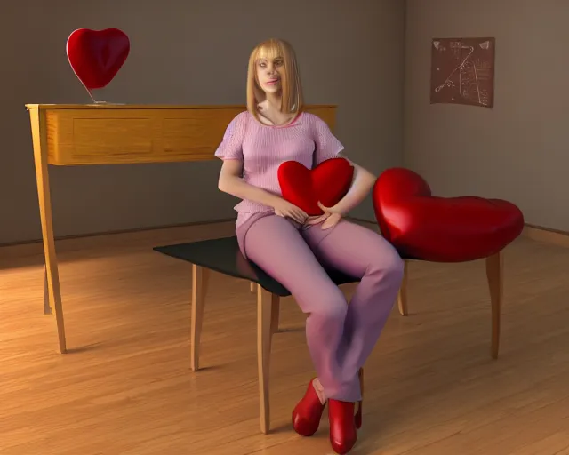 Image similar to a woman sitting on a desk with a heart shaped object in her lap, computer graphics by Minerva J. Chapman, polycount, net art, daz3d, 3d, rendered in maya