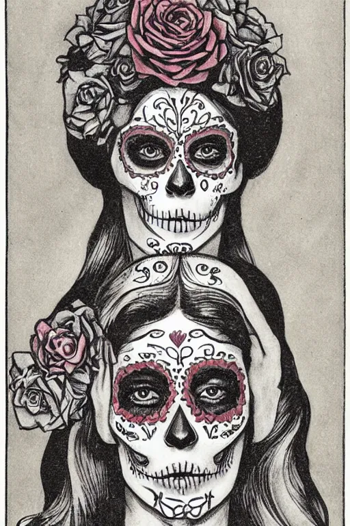 Image similar to Illustration of a sugar skull day of the dead girl, art by louis rhead