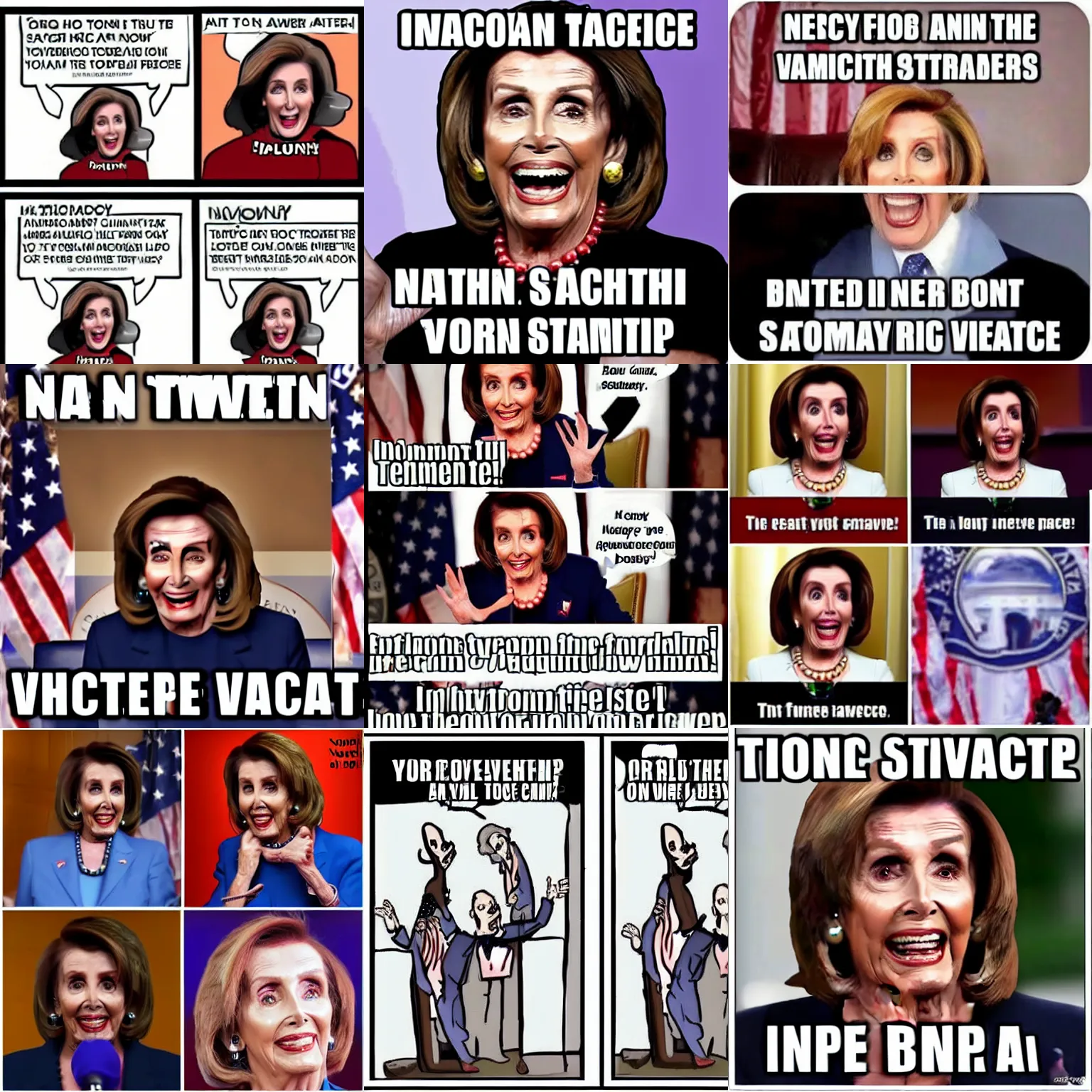 Prompt: a hilarious conservative Satanic vaccine Nancy Pelosi meme, iFunny Impact font bottom text laughing emoji 😂
