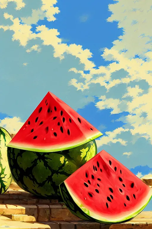 Prompt: a pile of watermelons as a throne for a greek king, key visual, conceptart, ambient lighting, highly detailed, digital painting, artstation, concept art, sharp focus, by makoto shinkai and akihiko yoshida and greg manchess