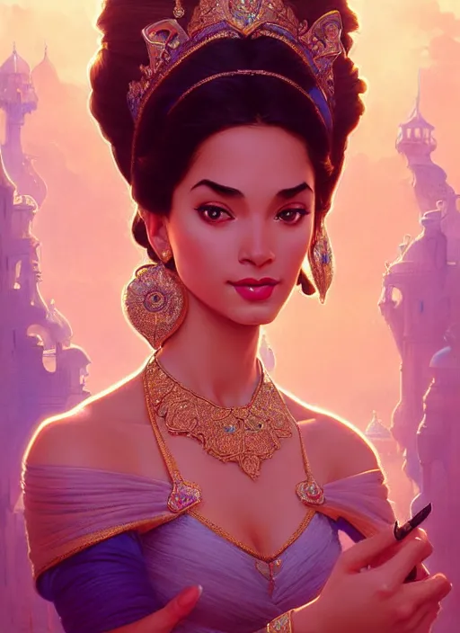 Prompt: portrait of princess jasmine, intricate, elegant, highly detailed, my rendition, digital painting, artstation, concept art, smooth, sharp focus, illustration, art by artgerm and greg rutkowski and alphonse mucha and uang guangjian and gil elvgren and sachin teng, symmetry!!