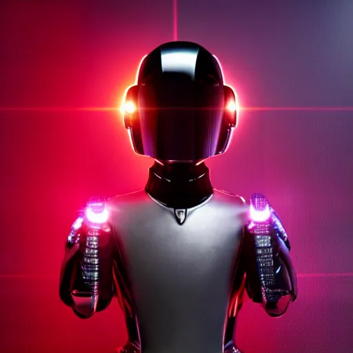 Image similar to daftpunk deluxe humanoid robots front head daftpunk curved screen displaying red glowing Error, his head shows a red glowing Error message, background dark, 40nm lens, shallow depth of field, split lighting, 4k,