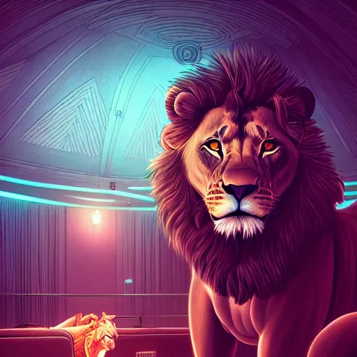 Image similar to a lion inside a night club, hyperdetailed, in the style of artgerm, deviantart, figurative art, deviantart, ilya kuvshinov, lovecraftian