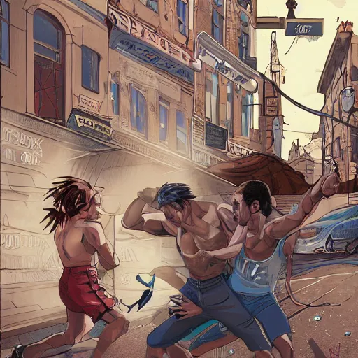 Image similar to Street fight, behance, digital illustration by Viktor Miller-Gausa