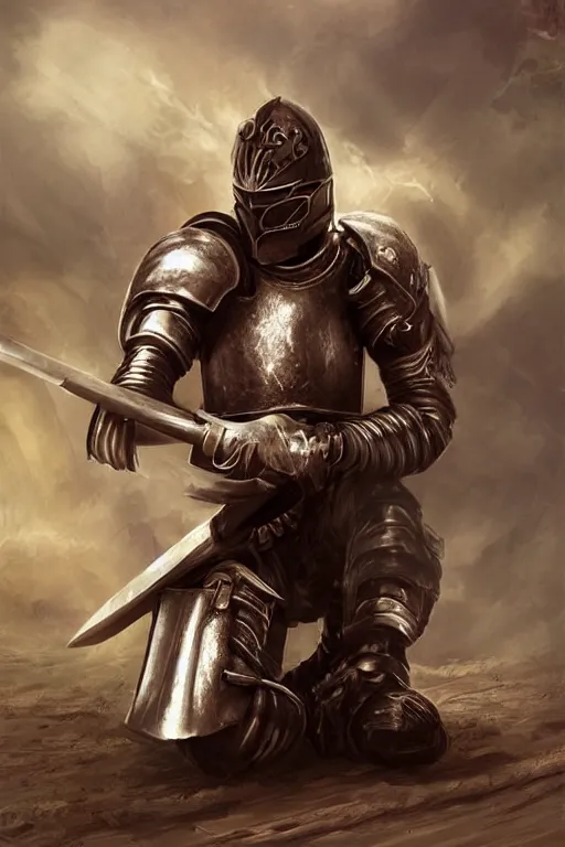 Image similar to aesthetic digital illustration of a defeated helmetless knight kneeling on the battlefield, by anne stokes | dirty and bloody, character concept, concept art, unreal engine, finalrender, centered, deviantart, artgerm