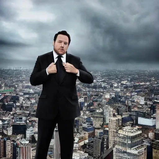 Prompt: Jon Favreau as clean-shaven Happy Hogan wearing a black suit and black necktie and black dress shoes is climbing a tall building in an urban city. The sky is filled with dark clouds and the mood is ominous.
