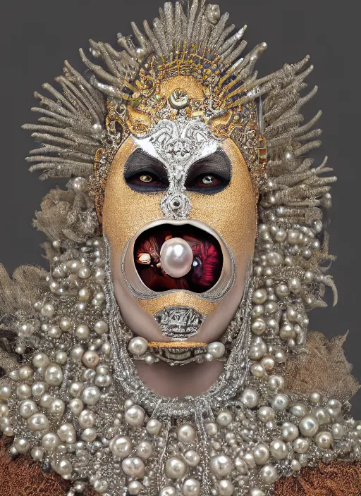 Image similar to hyperrealism, detailed textures, award winning autochrome photo, symetrical japanese pearl, beautiful dreaming voodoo pearl queen, autochrome pearl portrait, pearl silverplate, intricate, detailed facial pearl scary animal mask, pearl, golden jewelery, silverplate, ultra realistic, cinematic, intricate, cinematic light by steve mccurry, unreal engine 8 k