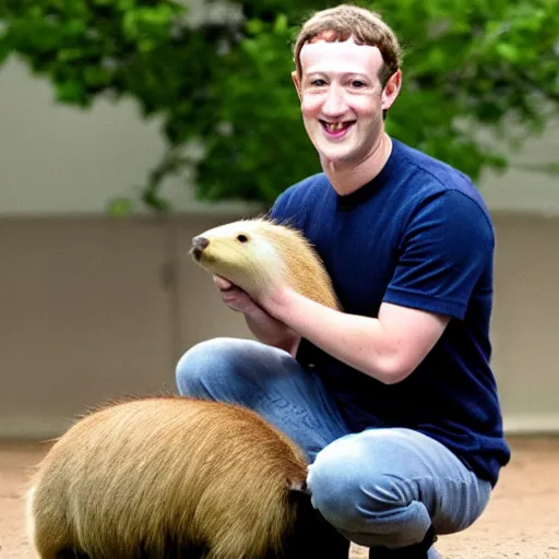 Prompt: Mark Zuckerberg holding a live capybara