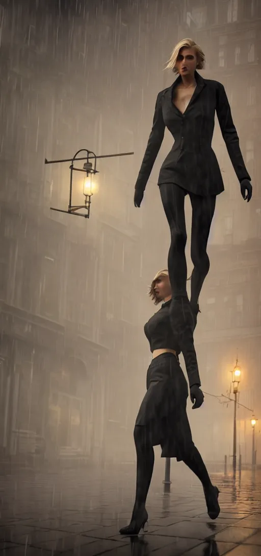 Image similar to beautiful model annie leonhart running on high heels with open toe in dunwall city, beautiful face, detailed face, cinematic lighting, rainy weather, melancholy atmosphere, volumetric light, octane render, dishonored 1, gothic architecture, realistic reflections, octane render 8 k, model agency, studio lighting