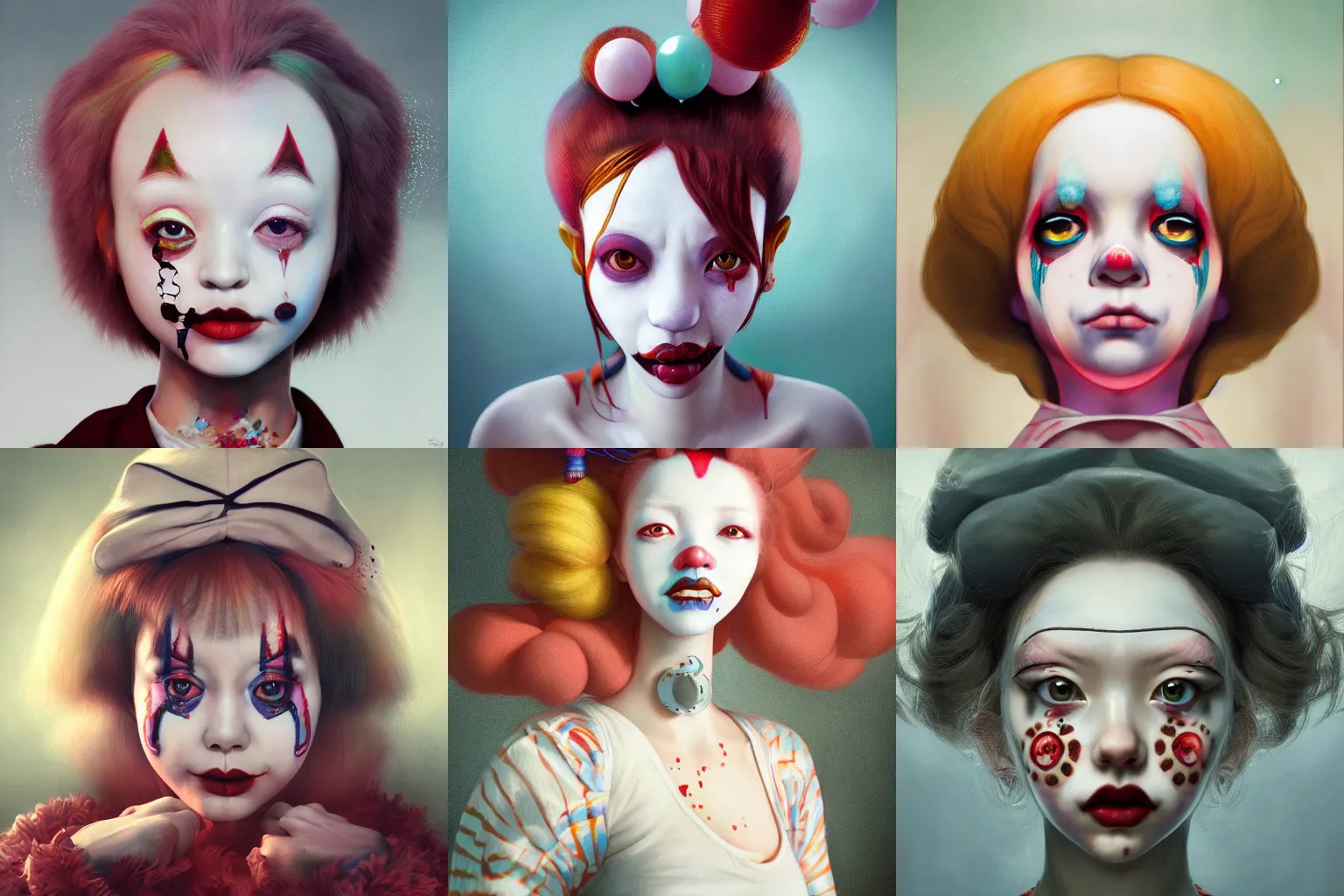 Image similar to breathtaking detailed painting of clown girl, with anxious, piercing eyes, atari game cover art by hsiao - ron cheng, james jean, miho hirano, hayao miyazaki, extremely moody lighting, hyperrealistic, octane render, rpg portrait, ambient light, dynamic lighting