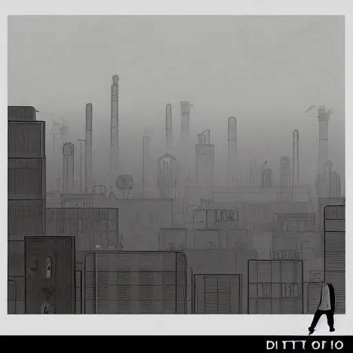 Image similar to a dusty hazey day with smog and factory smoke, drawn in sharp vectors in a stylish modern hand drawn artist, trending on artstation, featured on deviantart