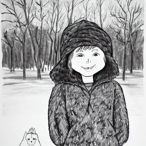 Prompt: a black and white ink drawing of a freckled ten year old girl named lucy in winter fur park and and a fur hat ( ( ( ( waving ) ) ) ), ( ( ( ( smiling ) ) ) )