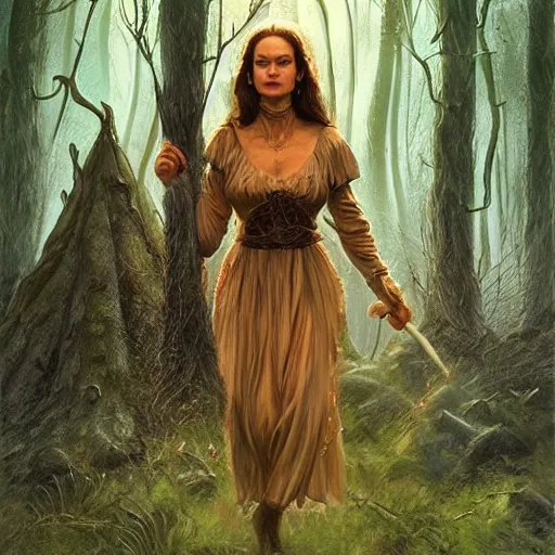 Image similar to Natalie Portman as a beautiful ancient witch in the forest by a fire at night, Darrell K Sweet, artstation, concept art, digital art, Michael Whelan, cinematic, mysterious