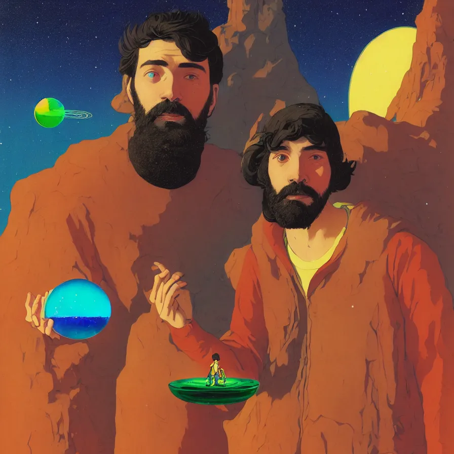 Prompt: a portrait of a young bearded man holding a colorful and curious alien artifact dug up from an astrological space site, and dreaming psychedelic hallucinations in the vast icy landscape of antarctica, by soul bass, kawase hasui, moebius and edward hopper, colorful flat surreal design, xray hd, 8 k, artstation