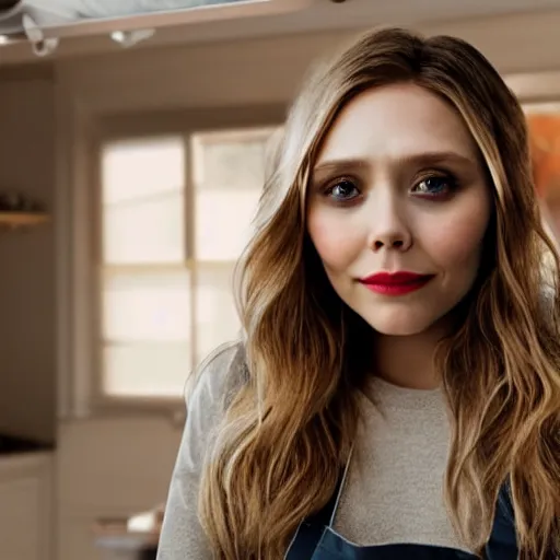 Image similar to elizabeth olsen cooking in kitchen, highly detailed, photorealistic portrait, bright studio setting, studio lighting, crisp quality and light reflections, unreal engine 5 quality render