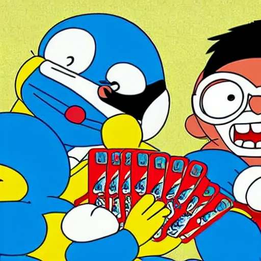 Image similar to doraemon and nobita playing cards