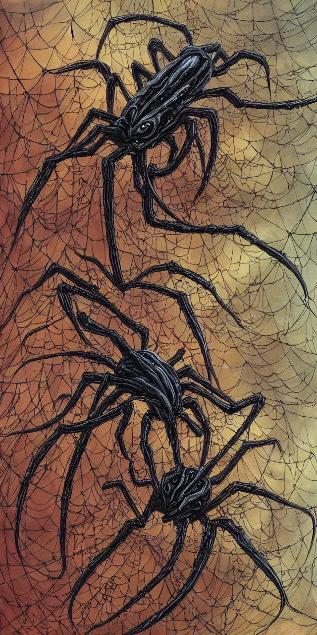 Image similar to alien spider, contrasting colors, Dan Seagrave