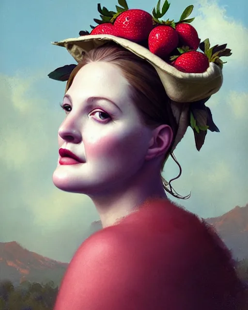 Prompt: beauty portrait, drew barrymore, strawberries, headgear leaves, wild berries, by tom bagshaw, greg rutkowski, ilya kuvshinov, craig mullins, intricate background