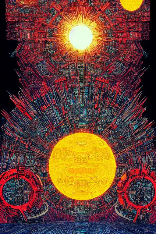 Prompt: a painting of a blazing geometric sun above a giant robotic god, detailed, 4 k, by stanley donwood philippe druillet and victo ngai,