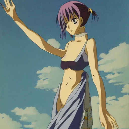 Prompt: sensual painting of an anime female waving at the viewer by studio ghibli, cel shading, highly detailed