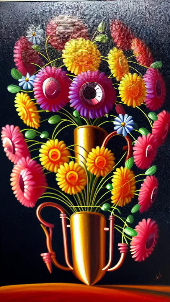 Image similar to a detailed retrofuturistic oil painting , a bouquet of flowers made of shimmering metal