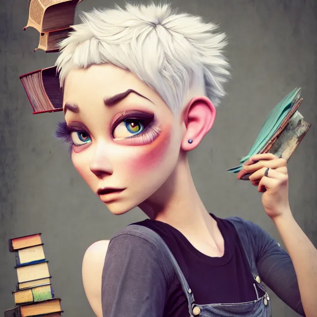 Image similar to full body pose, beautiful adult fairy, pixar, short white hair shaved sides, dirty, grungy, grunge, long sleeve, painted overalls, stacks of giant books, highly detailed, 4 k, hdr, smooth, sharp focus, high resolution, award - winning photo, artgerm, photorealistic