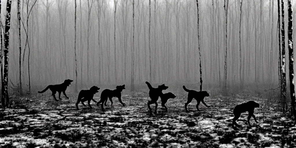 Prompt: movie still by tarkovsky crowd of hunter and crowd of dogs running 2 in a swamp snowy with birch forest backround, cinestill 8 0 0 t 3 5 mm b & w, heavy grain, high quality, noir, natural textures, photorealistic, ambient occlusion, hd, dof, mud, fog