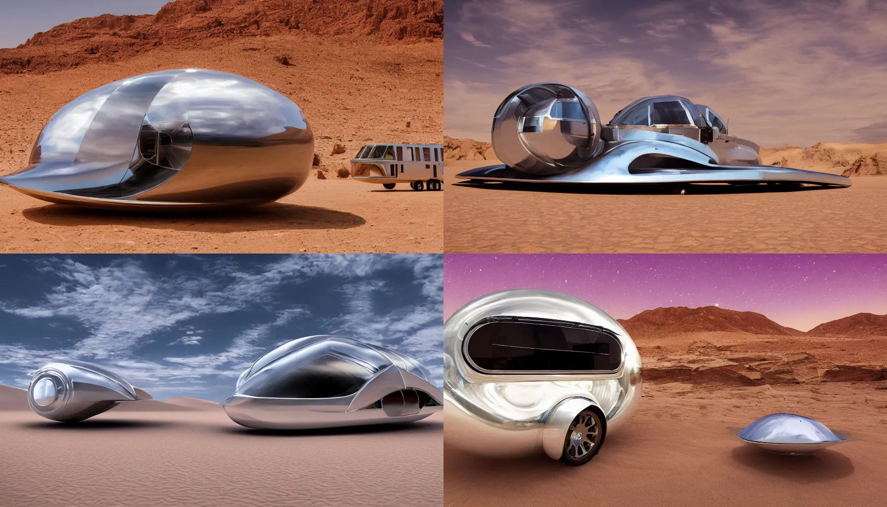 Prompt: professional photograph of a beautiful futuristic chrome hovercraft designed by Buckminster Fuller in a picturesque alien desert. The Winnebago is floating, and has no wheels. Astronauts are standing nearby, racking focus, extreme panoramic, Dynamic Range, HDR, chromatic aberration, Orton effect intricate, elegant, highly detailed, artstation,