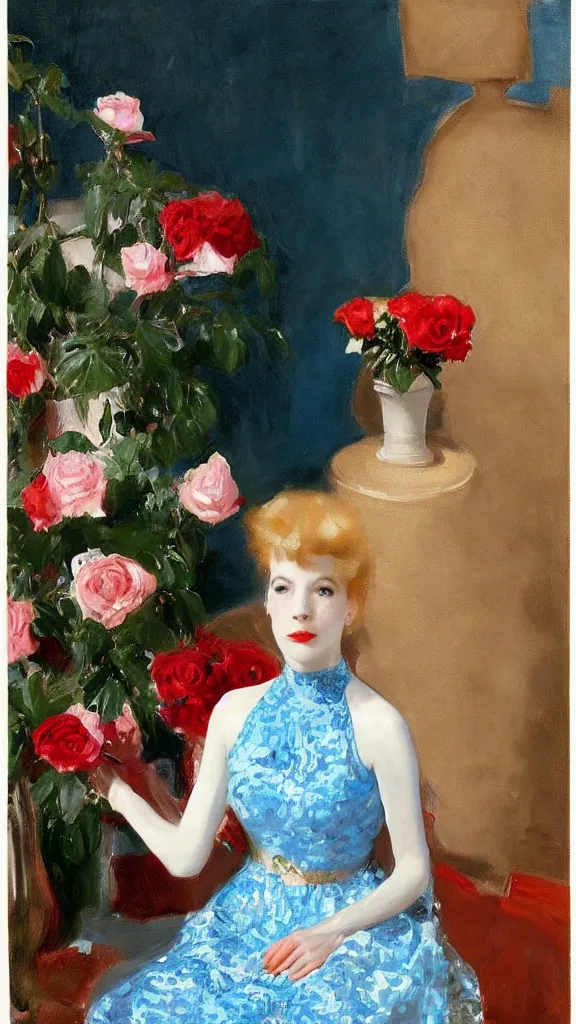 Image similar to clear face of young julee cruise in detailed golden sleeve balloon lace dress beside a pot of red roses set near a persian blue detailed pot by john singer sargent